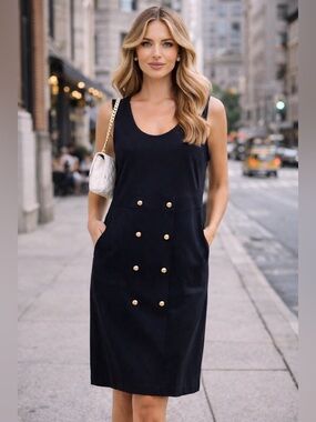 NWT Liz Claiborne Navy Nautical Dress Gold Button Sheath Sleeveless Size M